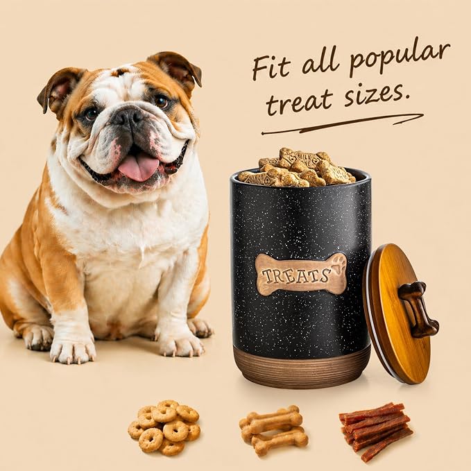 Miamolo Dog Treat Container Airtight Ceramic Dog Treat Jar with Wooden Lid, 8 Cups Dog Food Storage Container for Countertop, Decorative Dog Cookie Jar Canister with Handle - Bone Dotted Black