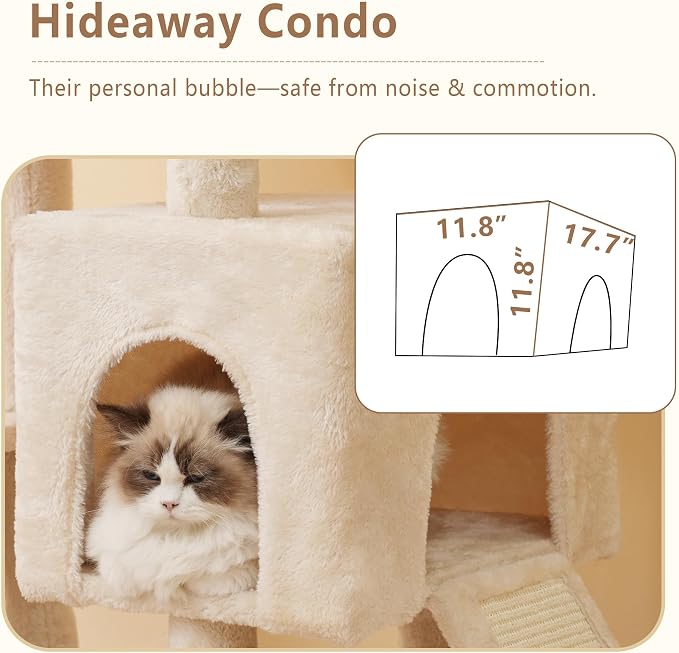 Heybly 64.2" Heavy-Duty Cat Tree for Large Cats with Wide Base HCT027M | Indoor Cat Tower with Scratching Posts & Board, Cat Furniture with Big Platforms, Extra-Large Hammock, Beige