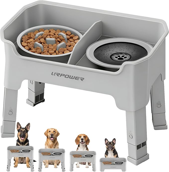 URPOWER Mess Proof Elevated Dog Bowls 4 Height Adjustable Raised Stand with No Spill Water Bowl and Slow Feeder Dog Bowls Non-Slip Food and Water Bowl Set for Small, Medium & Large Dogs