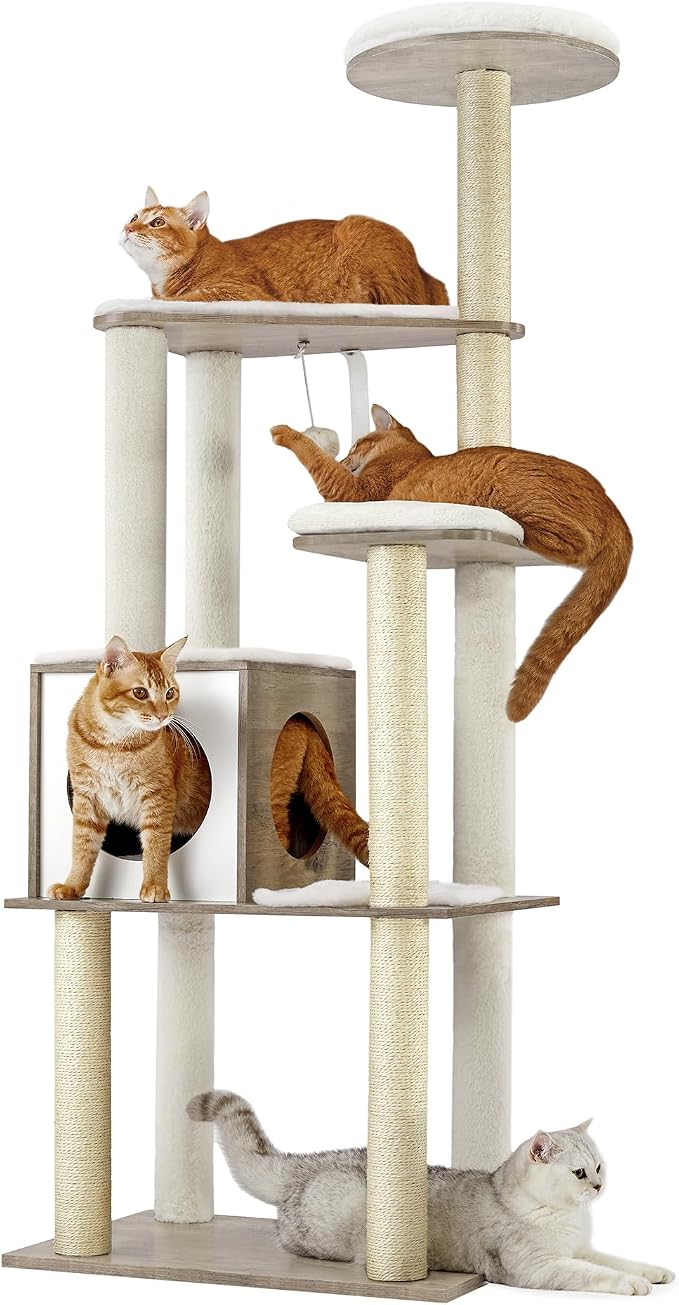 Feandrea Cat Tree, 64.6-Inch Modern Cat Tower, Multi-Level Condo with 5 Scratching Posts, Perch, Washable Removable Cushions, Cave, Heather Greige UPCT166G01 | Contemporary Cat Condo for Indoor Cats, Perch, Washable Removable Cushions, Heather Greige, ...