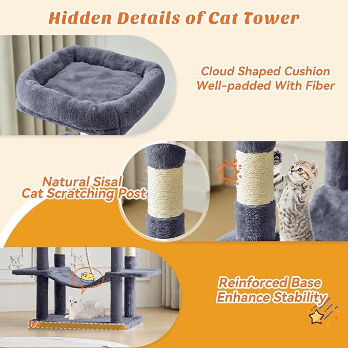 DUMOS Large 66 Inch Cat Tree Tower with Scratching Posts, Indoor Use | Tall Multi Level Cat Climbing Tower with Hammock, Pet Condo for Cats and Kittens Play, Dark Grey