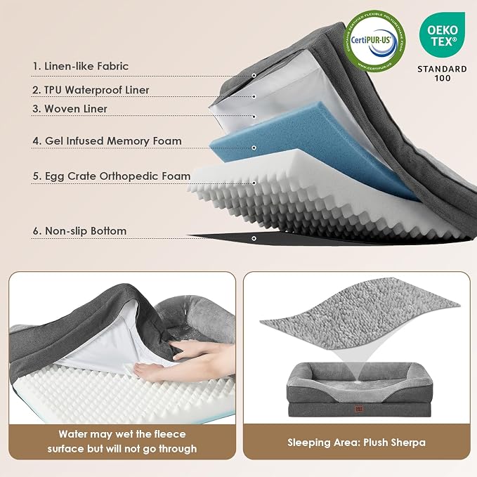 EHEYCIGA Orthopedic Dog Bed for Medium Dog, 30x20 Inch Memory Foam Dog Couch Bed with Sides, Waterproof Liner & Washable Removable Cover, Bolster Pet Sofa, Grey