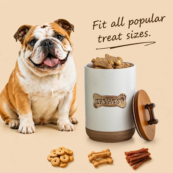 Miamolo Airtight Dog Treat Container, Dog Food Storage Container, Ceramic Dog Treat Jar with Wood Lid and Handle, Pet Treats Canister for Countertop, Farmhouse Gift for Dog Lovers, Bone Glinting White
