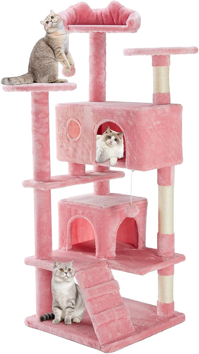 Sweetcrispy 54-inch Cat Tree Tower with Scratching Posts, Indoor Use | Multi Level Indoor Cat Tree Condo with Climbing Ladder, Plush Toy, Play House for Kitten, Pink