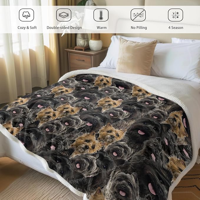 BlessLiving Fuzzy Dogs Blanket for Kids Adults Cute Puppy Fleece Blanket Reversible Animal Pattern Sherpa Throw (Cairn Terrier,Throw, 50 x 60 Inches)
