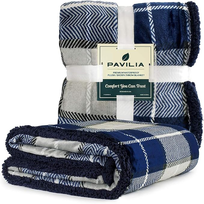 PAVILIA Waterproof Blanket for Couch, Sofa | Pet Protector for Large Dog, Puppy, Cat | Plush Soft Warm Fuzzy Sherpa Throw | Plaid Navy, 60x80