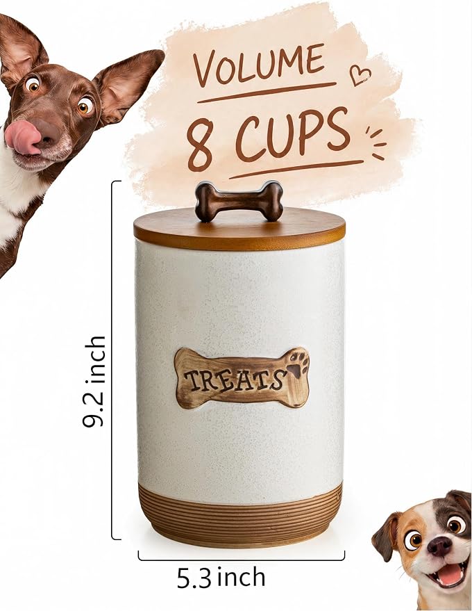 Miamolo Airtight Dog Treat Container, Dog Food Storage Container, Ceramic Dog Treat Jar with Wood Lid and Handle, Pet Treats Canister for Countertop, Farmhouse Gift for Dog Lovers, Bone Glinting White