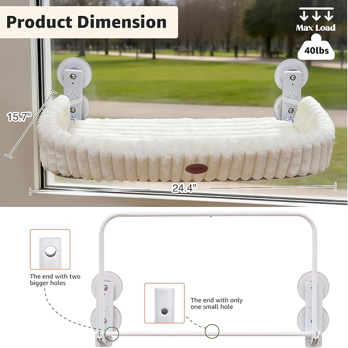 Cordless Cat Window Perch, Large Size Hammock with 4 Strong Suction Cups, Cat Hammock for Window with Two Fabrics Cover, Foldable Bed for Cats, White