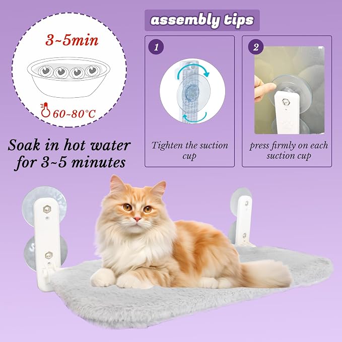 2 PCS Window Cat Bed (Medium 20.4''×11.8'') - Machine Washable Cover, 4 Large Suction Cups, Solid Metal Frame - Cordless Foldable Cat Window Hammock for Indoor Cats (2×Grey)