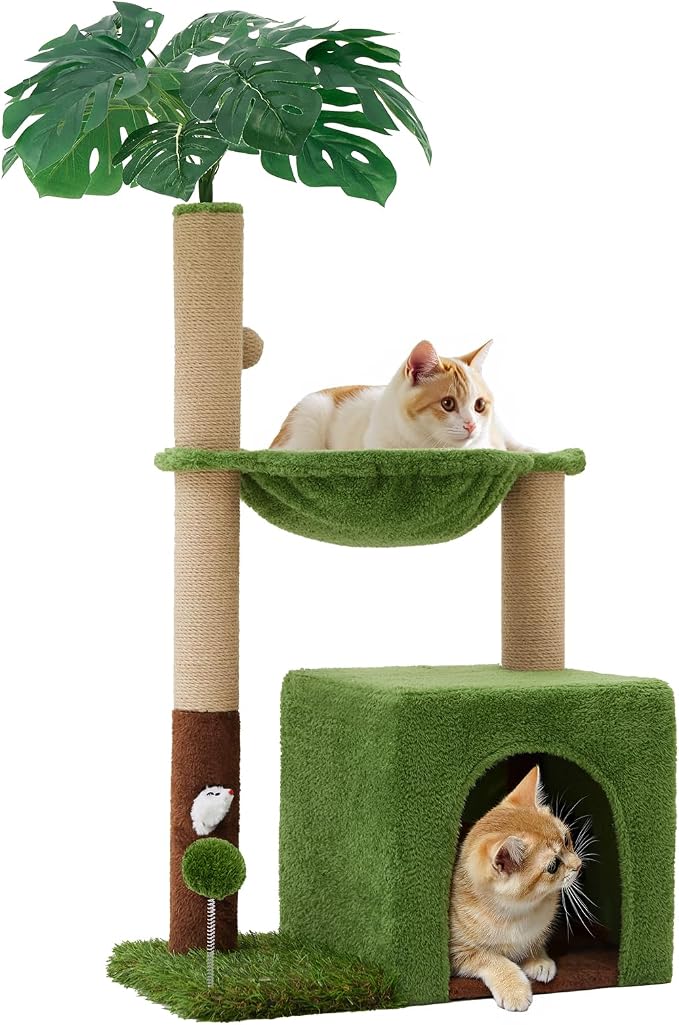WOOCHPET Palm Tree Cat Tree 37 Inch Scratching Post Tower Tropical Jungle Playground with Natural Jute Sisal Rope Cozy Plush Hammock Private Cave Condo Toy Mouse Stable Faux Grass Base