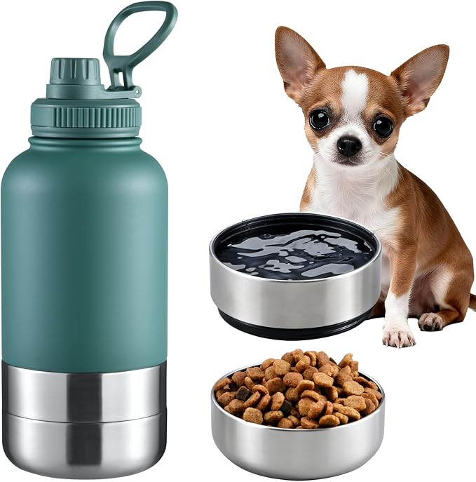 Cibaabo Insulated Dog Water Bottle with 2 Bowls, 32oz Travel Stainless Steel Double Wall Thermos, Portable Pet Dispenser, Gifts for Puppy Small Medium Dogs Walking Hiking and Camping
