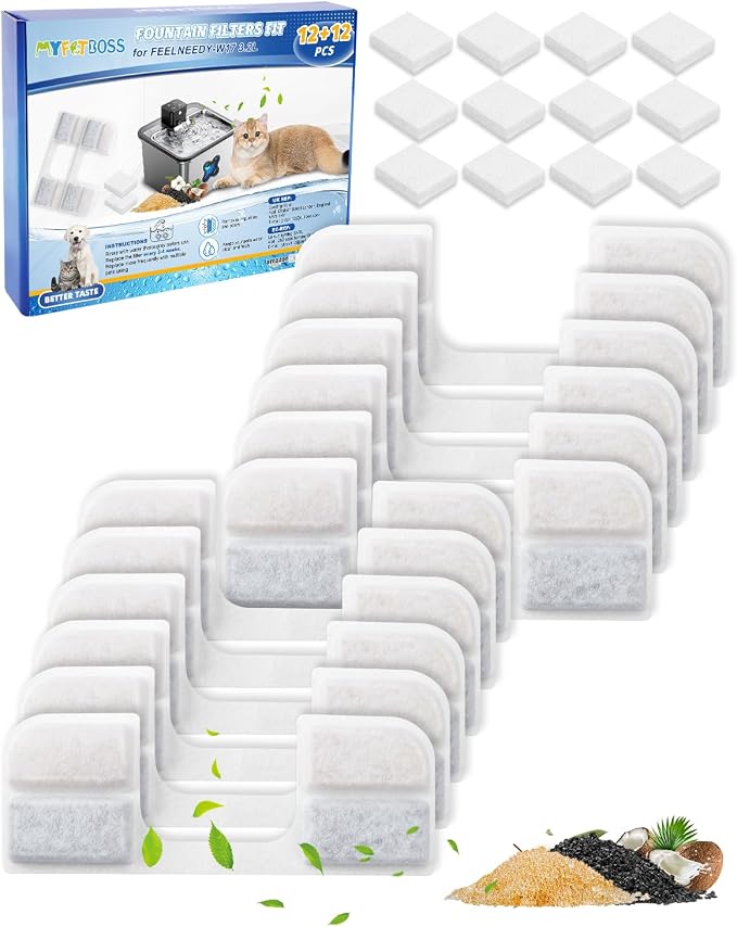 12 + 12 Pack Cat Water Fountain Filter Replacement Compatible with Compatible with FEELNEEDY Cat Water Fountain FN-W17 3.2L/ 108oz, Pet Water Fountain Filter Replacement Filters and Sponges