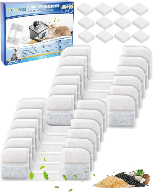 12 + 12 Pack Cat Water Fountain Filter Replacement Compatible with Compatible with FEELNEEDY Cat Water Fountain FN-W17 3.2L/ 108oz, Pet Water Fountain Filter Replacement Filters and Sponges