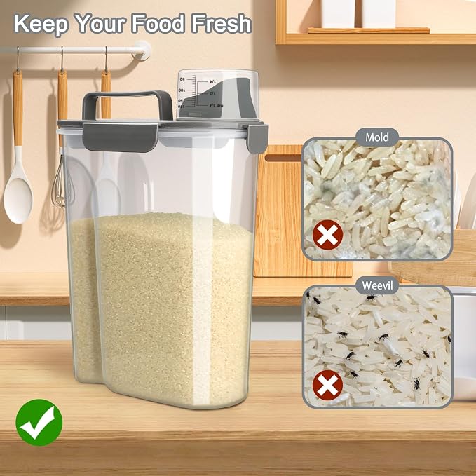 Rice Container, Airtight Rice Storage Container 10lb, Cereal Containers Storage, BPA Free Food Dispenser with Pouring Spout Handle for Flour Pasta Grain, Pet Dog Cat Bird Food Storage Container