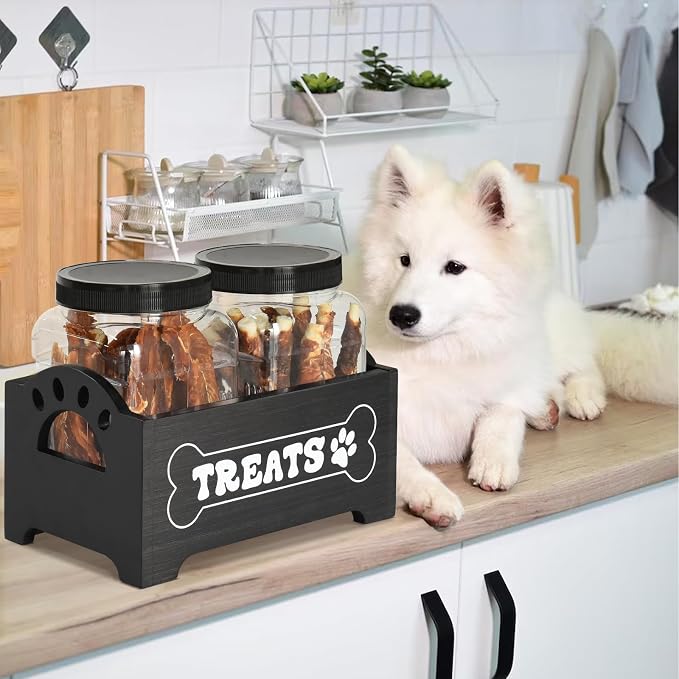 Dog Treat Container Dog Food Storage Container for Countertop, Cat Food Storage Container with 2 Plastic Dog Treat Jar, Dog Food Storage Container for Dog and Cat, Black Wooden Dog Food Container