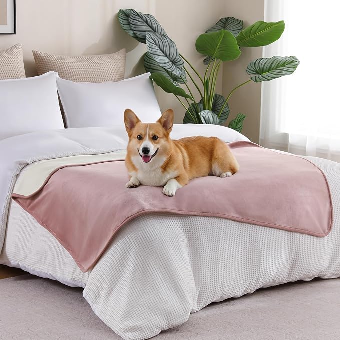 Waterproof Blanket 30"x40" for Dogs Cats, Reversible Waterproof Bed Cover for Pets, Soft Leakproof Blanket for Bed Couch Sofa Furniture Protector, Dusty Pink/Off White