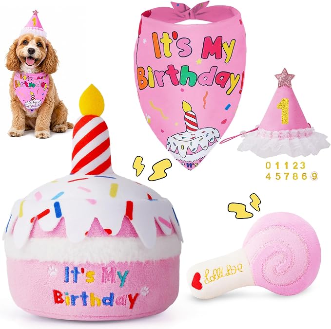 KIPRITII Dog Birthday Party Supplies – Pink Dog Birthday Cake Toys, Birthday Bandana & Hat for Small Dogs, Interactive Puppy Plush Toys to Relieve Boredom
