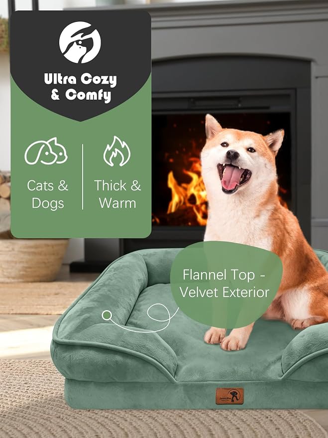 Spotted Play Orthopedic Dog Bed with Sides - Sofa Beds for Medium Dogs, Supportive Foam Pet Couch Bed with Washable Removable Cover, Waterproof Lining and Non-Slip Bottom, Green - M