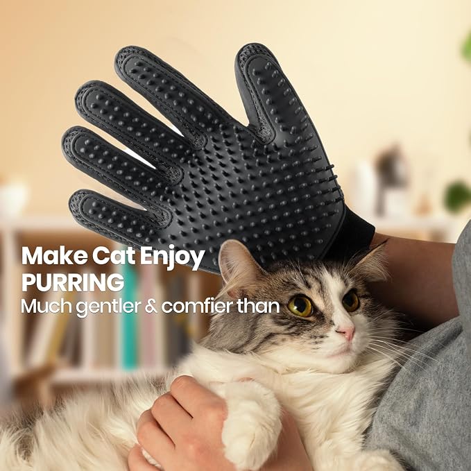 Pet Hair Removal Glove with 255 Silicone Tips for Dogs & Cats, Right Black | 2-in-1 Deshedding & Massage Mitt, 5-Finger Flexible Design, for Bathing & Grooming, Safe for Long/Short/Curly Hair Pets