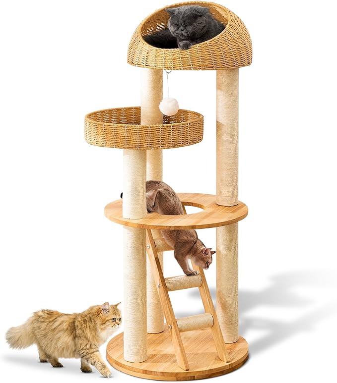 SHODMI Modern Cat Tree Tower for Large Indoor Cats, 53-Inch, 2 Basket Beds | 8 cm thick sisal scratching posts, 20.5-inch wide stable base, rubberwood frame, sisal stairs, plush & cooling mats