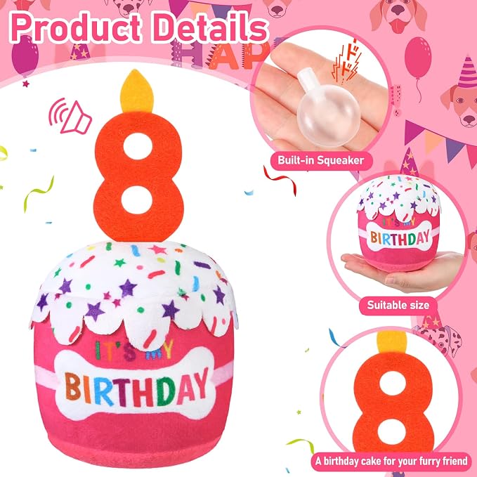 Dansydaisy Dog Birthday Cake Toy Squeaky Plush Toy for Girl Boy Gifts, Chew Accessories for Dog Birthday Party Decor Favor for Large, Medium and Small Dogs(8th,Pink)
