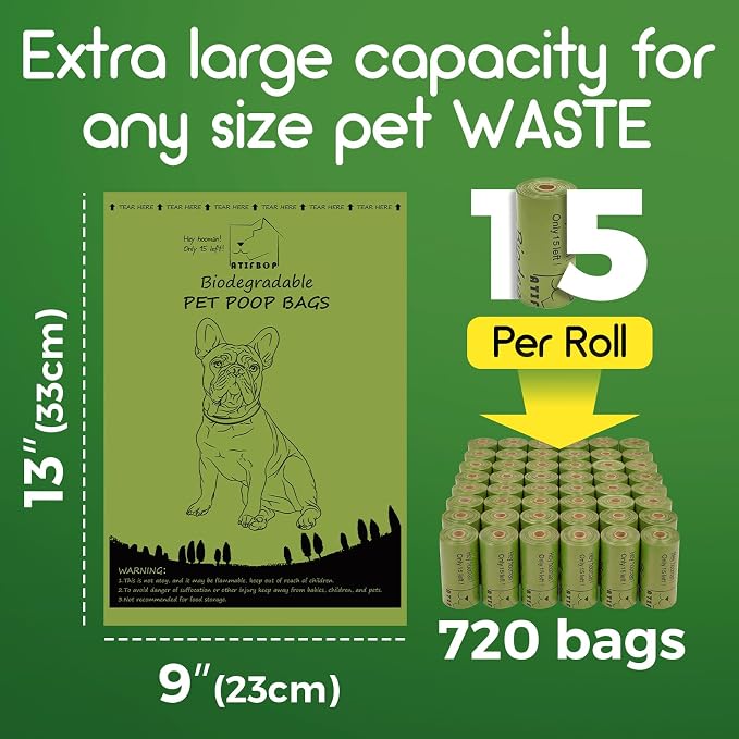 ATIFBOP Biodegradable Dog Poop Bags 720 Count, 48 Rolls Scented Dog Waste Bags, Leak Proof Extra Thick Refill Rolls, Lemon Scented Poop Bags for Dogs