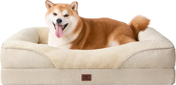 EHEYCIGA Orthopedic Dog Bed for Large Sized Dog, 36x27 Inch Large Memory Foam Dog Couch Bed with Sides, Waterproof Liner & Washable Removable Cover, Bolster Pet Sofa, Beige