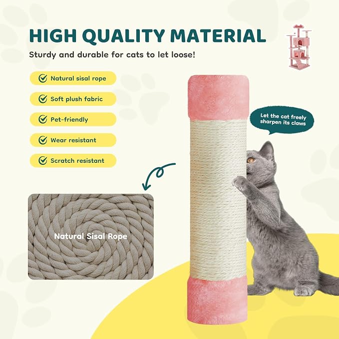 Sweetcrispy 54-inch Cat Tree Tower with Scratching Posts, Indoor Use | Multi Level Indoor Cat Tree Condo with Climbing Ladder, Plush Toy, Play House for Kitten, Pink