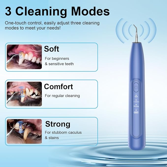 Ultrasonic Dog Plaque Remover Tool, 3 Modes Plaque and Tartar Remover for Dogs, Low Noise Sonic Dog Tartar Remover Dogs Plaque Remover with Toothbrush 2 Cleaning Head for Pet Dental Care, Blue