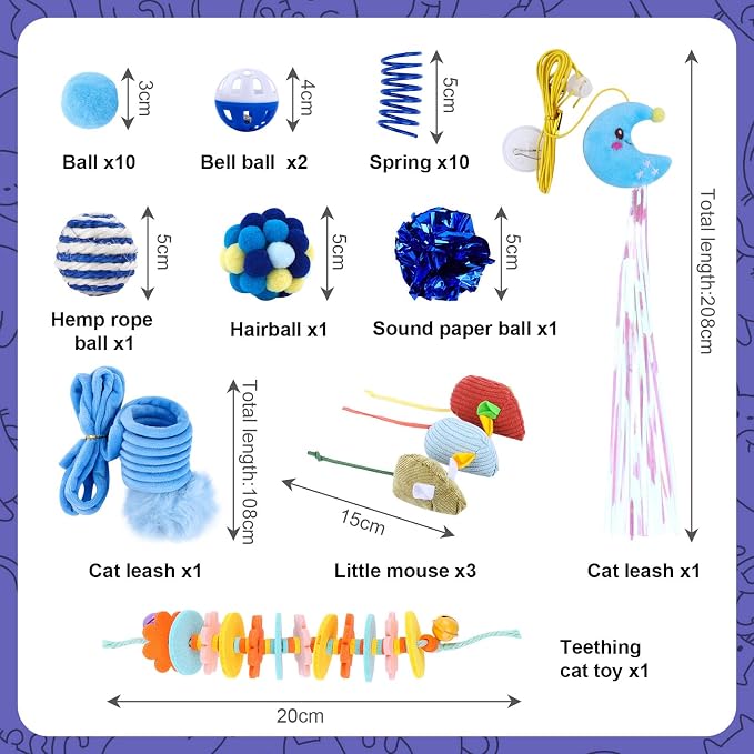 Geila Interactive Cat Toys Bundle – 31 Piece Kitten Cat Toy Set with Door Hanging Teaser, Bell, Fuzzy Balls, Springs, Teething Stick & Catnip Mouse – Fun Indoor Play for Cats & Kittens (Blue)
