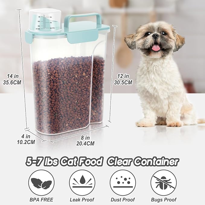 5-7LBS Dog Cat Storage Container Portable with Upgraded Large Spout and Cup, Plastic Pet Food Dispenser for Small Animal Kibble, Bird Seed, Oatmeal, Rice, Flour, Brown Sugart-2 Pack Light blue