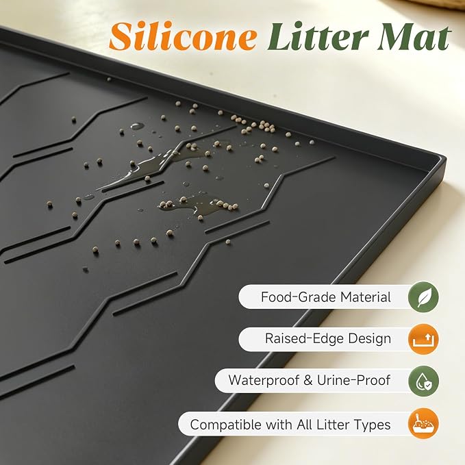 Songrey Silicone Cat Litter Mat 24" x 16", Large Litter Trapping Mat, Black | Waterproof, Urine-Proof Litter Box Mat for Floor, Soft on Kitty Paws, Easy To Clean, Cat Supplies, Pet Feeding Mat
