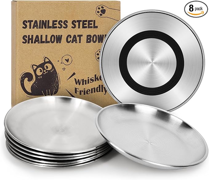 Supet Cat Plates for Wet Food, Non Slip Food Bowls Whisker Friendly, Stainless Steel Shallow Wide Dishes for Indoor Cats (13Oz, 8Pcs)