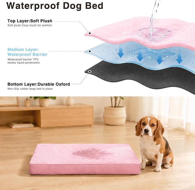NUPIDA Waterproof Medium Dog Bed for Crate with Washable Cover, 29x18, Pink | TPU Waterproof Layer, Easy Clean Cover, Soft Plush Surface, Durable Oxford fabric, Non-Slip Bottom, For Medium Breeds ≤30lbs