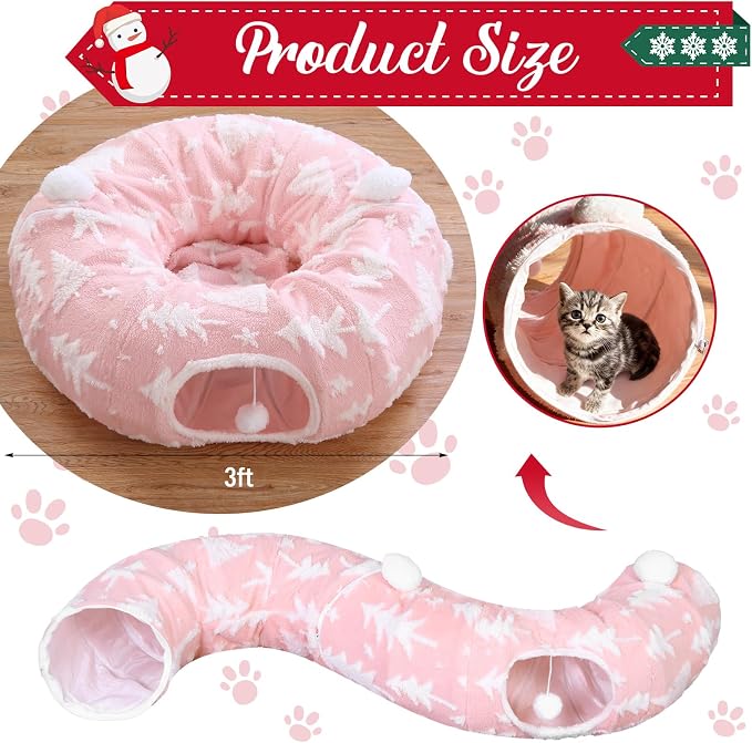 Dansydaisy Cat Tunnel Christmas Tree Skirt, Pink Christmas Tree Cat Tunnel Bed with Star and Toys, Hanging Pom Ball Plush Washable Cushion Peekaboo Playground for Small Medium Rabbit Xmas Decor