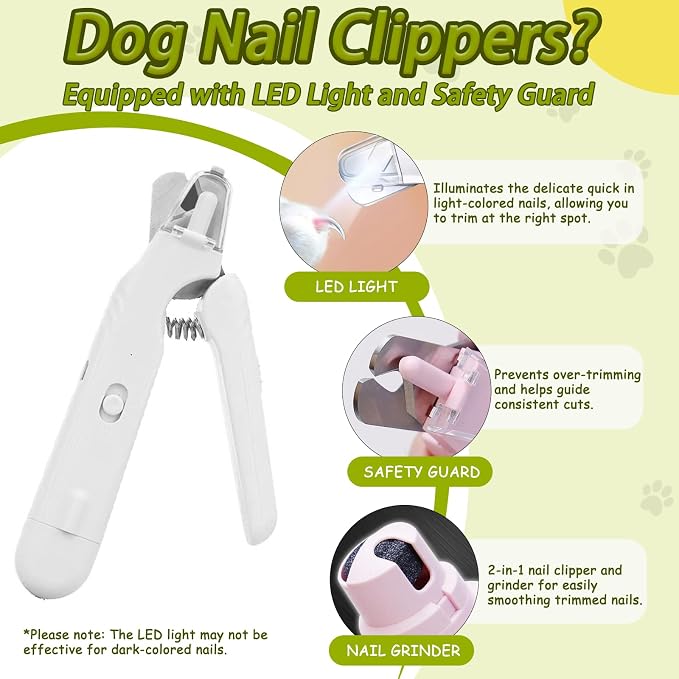 2‑in‑1 Dog & Cat Nail Clipper Grinder with 2 LED Lights, Safe Painless Pet Nail Trimmer Avoid Cutting Bloodline, Quiet Type‑C Rechargeable for Medium Small Dogs Cats Small Animals