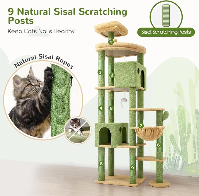 Globlazer Cactus Giant Cat Tree for Indoor Large Cats, 83in, F83, Green | XXL Cat Tower with 9 Scratching Posts for 20lb+ Heavy Duty Large Adult Cats
