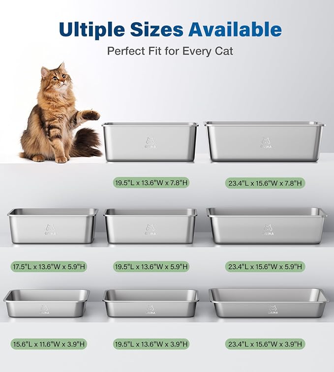 Qiuma 2 Packs Stainless Steel Cat Litter Box, 17.6" L×13.6" W×5.9" H, Metal Kitty Litter Box with High Sided for Small Cats, Non-Stick, Easy to Clean, Odor-Free