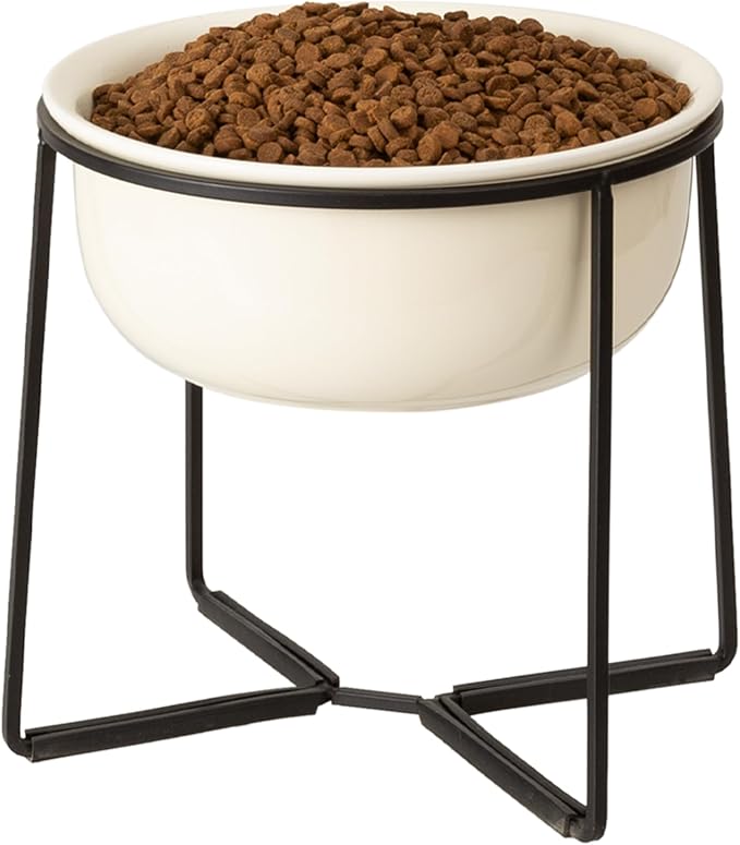 Ceramic Elevated Dog Food Bowl - Heavyweight Feeding Bowl with Metal Stand - Raised Pet Dish for Medium and Larges Dogs - 5.8 Cups - 47.3 oz - Beige