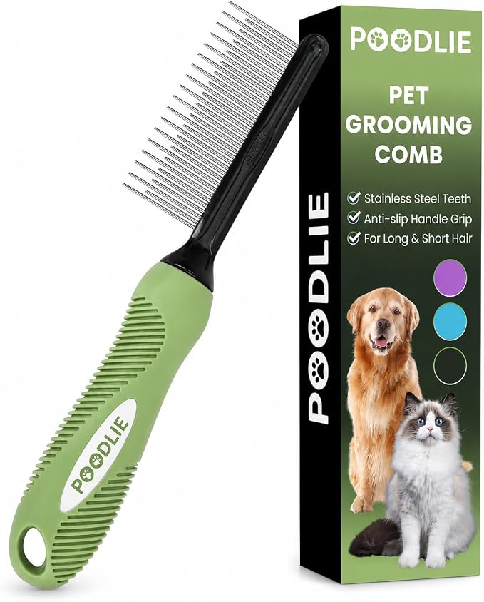 Poodle Grooming Comb - Metal Dematting Comb with Long & Short Stainless Steel Teeth for Removing Matted Hair & Knots, Safe and Gentle for Dogs & Cats (Green)