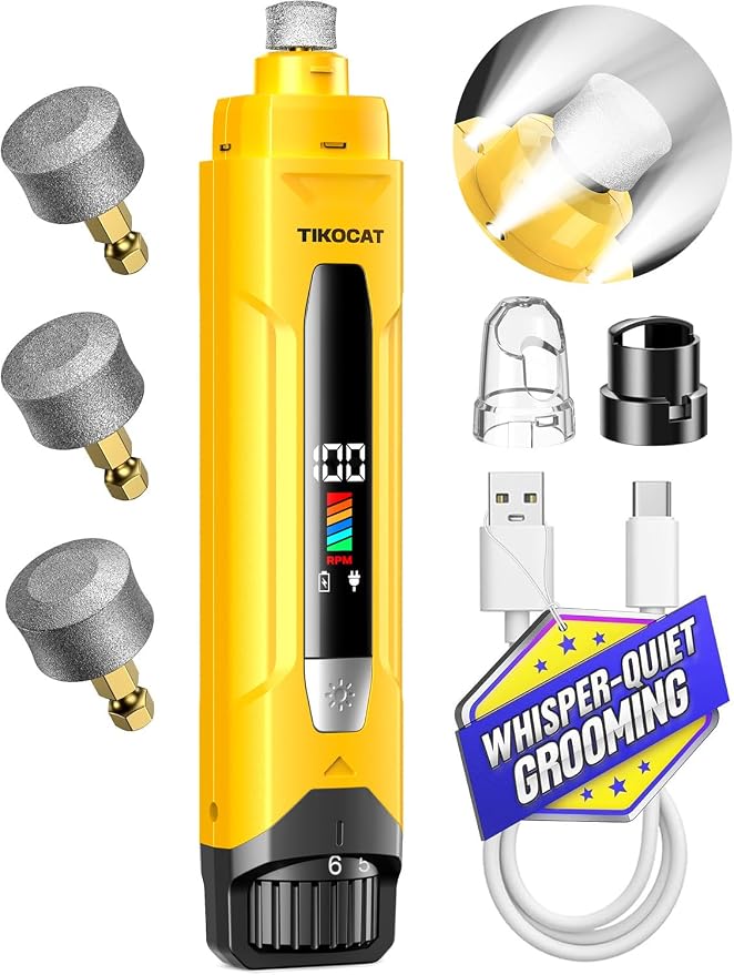 Whisper-Quiet Dog Nail Grinder, 50% More Powerful 6-Speed Pet Nail Trimmer with LED Display & 4 LED Lights, 3 Grinding Bits, No Over-Cutting, Stress-Free Grooming for Dogs, Cats & All Sensitive Pets