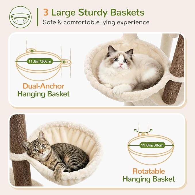 Globlazer 77in Cat Tree Tower for Indoor Cats Large Adult, F77, Beige | Heavy Duty Multi-level Climbing Tower with 6 Scratching Posts & Board, 2 Roomy Condos, 2 Padded Perches, 3 Sturdy Baskets