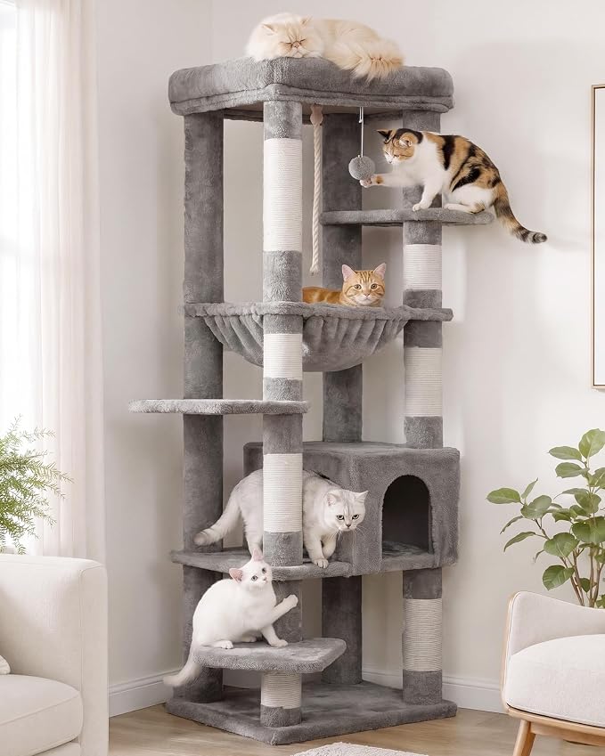 Heybly Cat Tree for Large Cats, 20lbs Heavy Duty, 60 inches HCT050W | Cat Tower for Indoor Cats with Big Padded Plush Perch, Multi-Level Furniture Condo with Cozy Basket, Light Gray