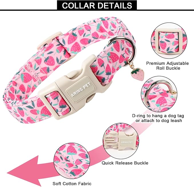 ARING PET Strawberry Dog Collar, Cute Spring Summer Pink Puppy Pet Collars for Small Medium Large Female Girl Dogs-M