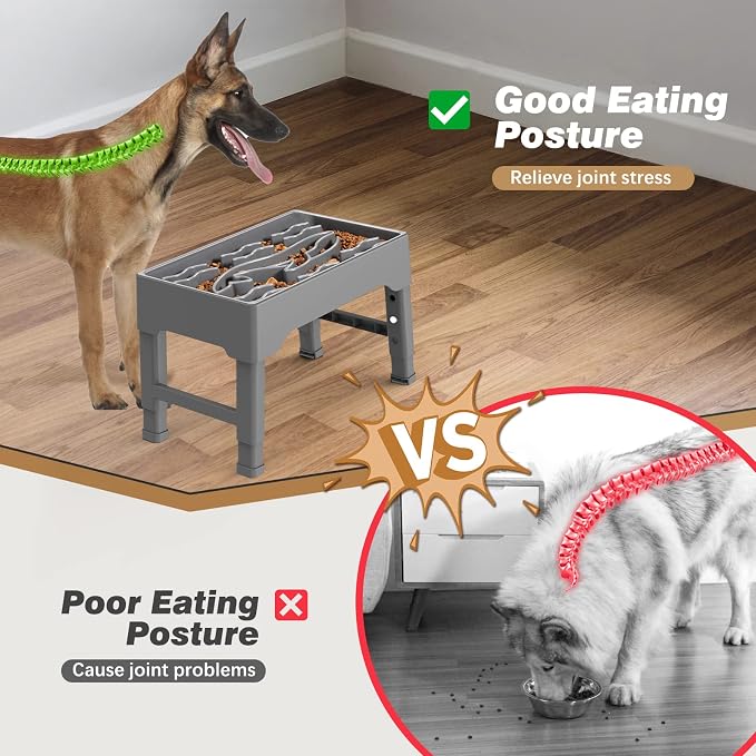 9 Cups Elevated Slow Feeder Dog Bowls 4 Adjustable Heights, Grey | Raised Dog Slow Feeder Bowls, Dog Food Bowl Stand, Non Slip Anti Gulping Slow Eating Dog Bowl for Medium & Large Dogs