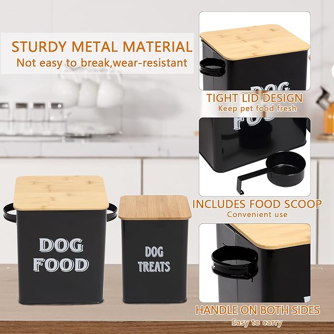 Pethiy Dog Food and Treats storage tin Containers Set with Scoop for Dogs-Tight Fitting Wood Lids-Coated Carbon Steel-Storage Canister Tins-Black