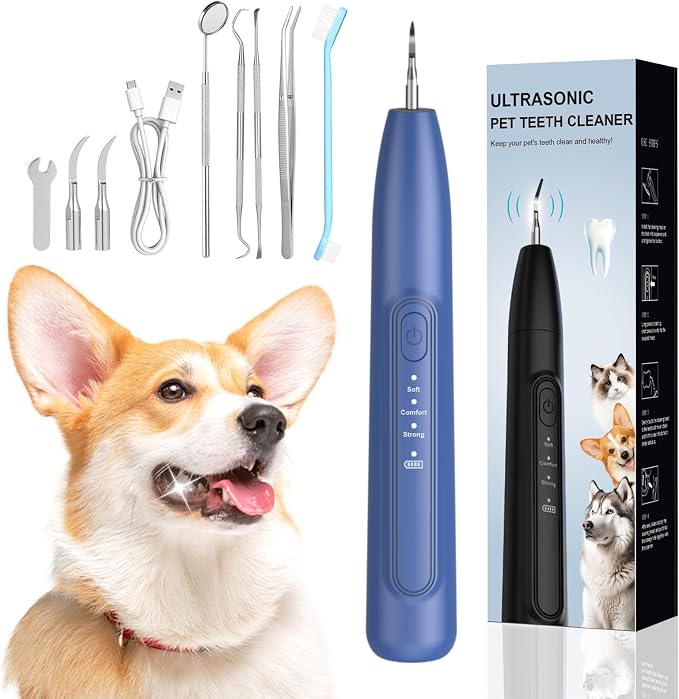 Ultrasonic Dog Plaque Remover Tool, 3 Modes Plaque and Tartar Remover for Dogs, Low Noise Sonic Dog Tartar Remover Dogs Plaque Remover with Toothbrush 2 Cleaning Head for Pet Dental Care, Blue