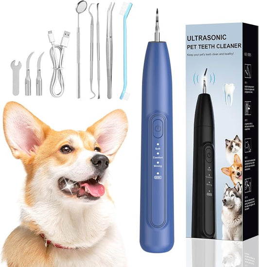 Ultrasonic Dog Plaque Remover Tool, 3 Modes Plaque and Tartar Remover for Dogs, Low Noise Sonic Dog Tartar Remover Dogs Plaque Remover with Toothbrush 2 Cleaning Head for Pet Dental Care, Blue