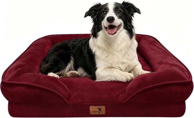Spotted Play Orthopedic Dog Bed with Sides - Sofa Beds for Large Dogs, Supportive Foam Pet Couch Bed with Washable Removable Cover, Waterproof Lining and Non-Slip Bottom, Burgundy - L