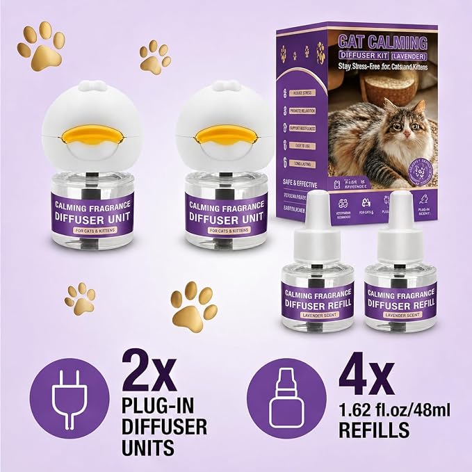 Cat Calming Diffuser Kit with 2 Diffusers and 4 Refills, Helps Reduce Stress, Scratching, Spraying and Hiding, Long Lasting Pheromone Solution